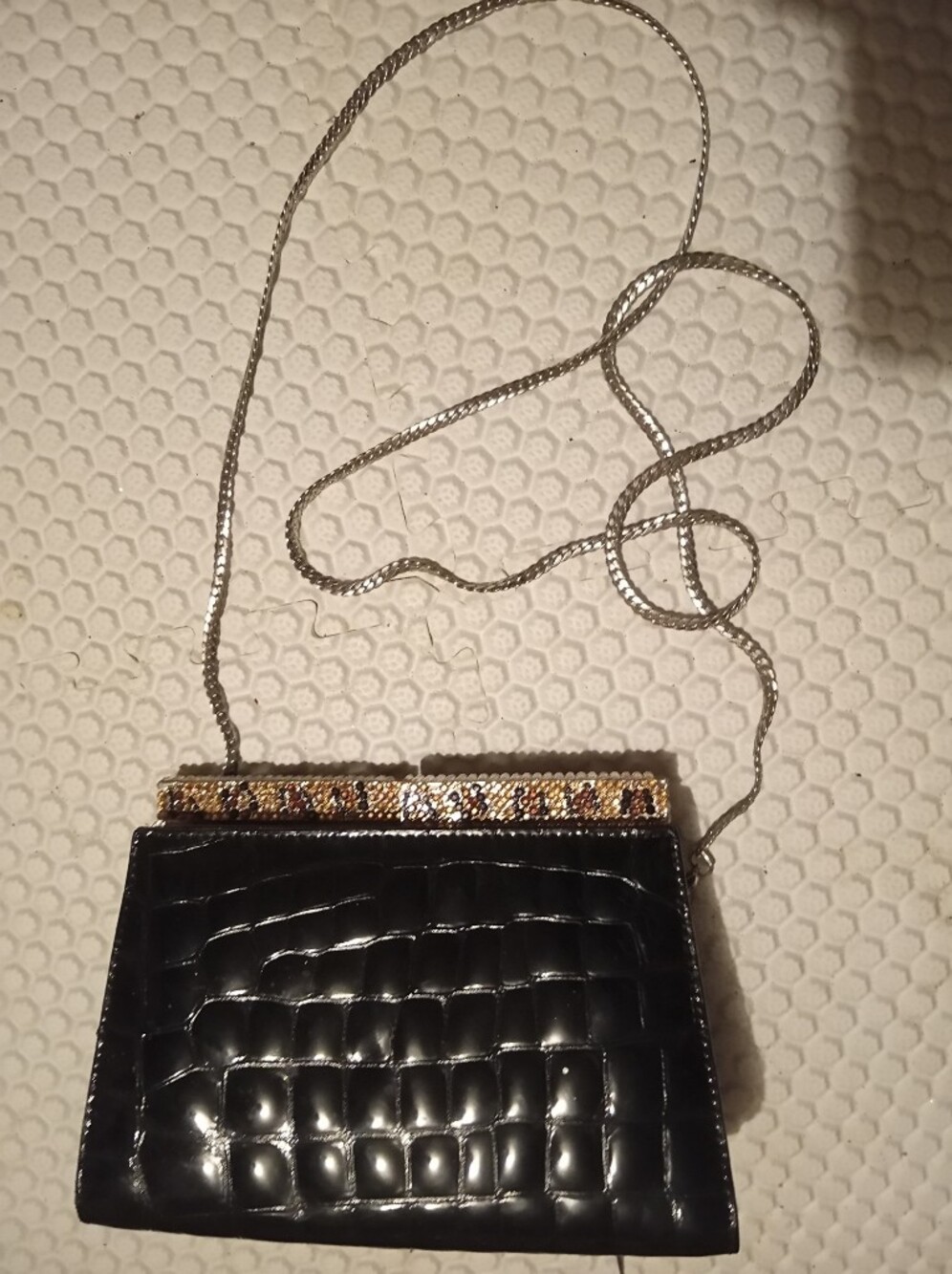 Isabella Adams New York Black Patent Croc-Embossed Evening Clutch